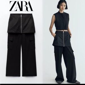 Zara Black Wide-Leg Pants with Skirt Detail